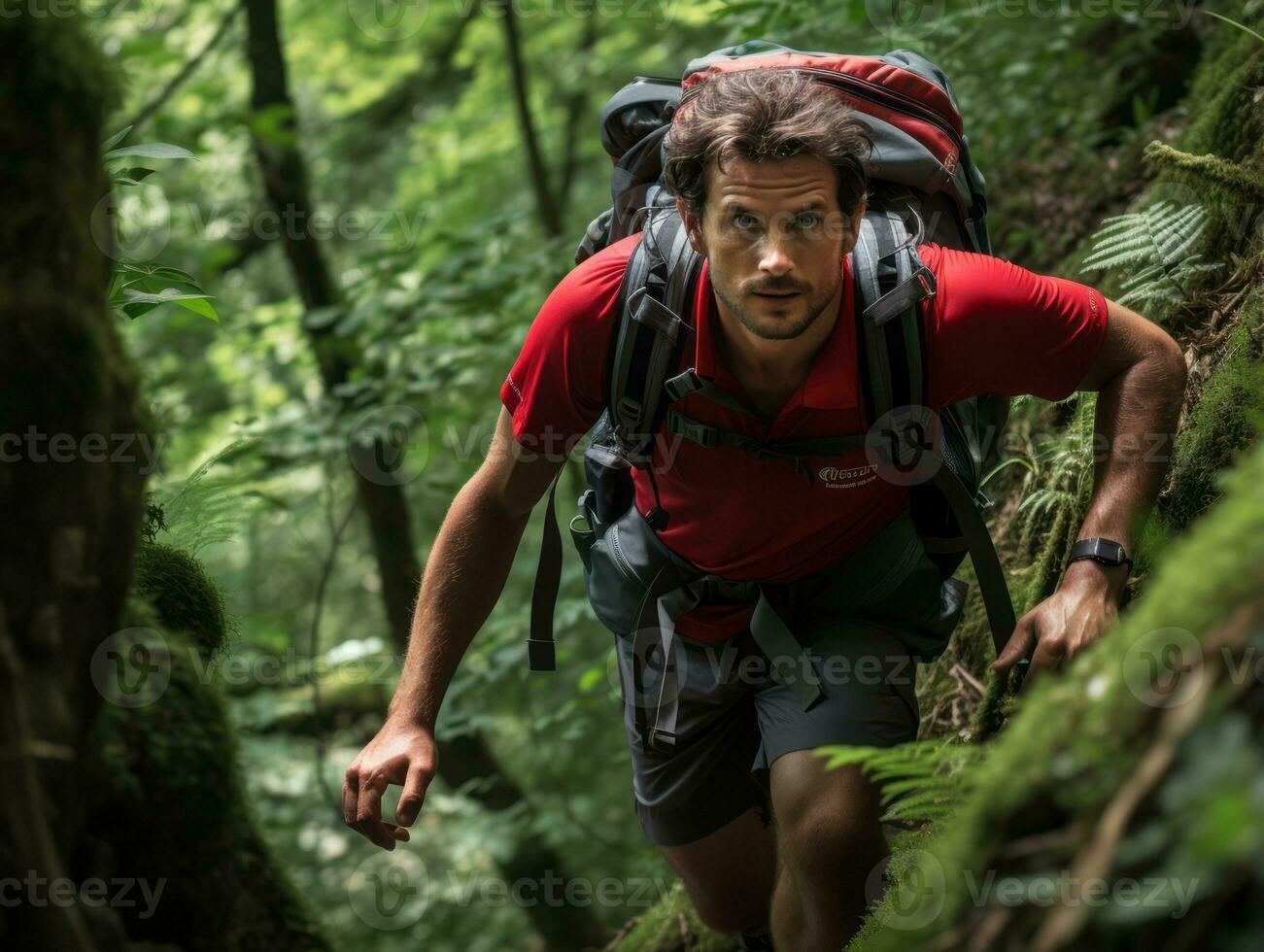 Determined man climbs a steep mountain trail AI Generative photo