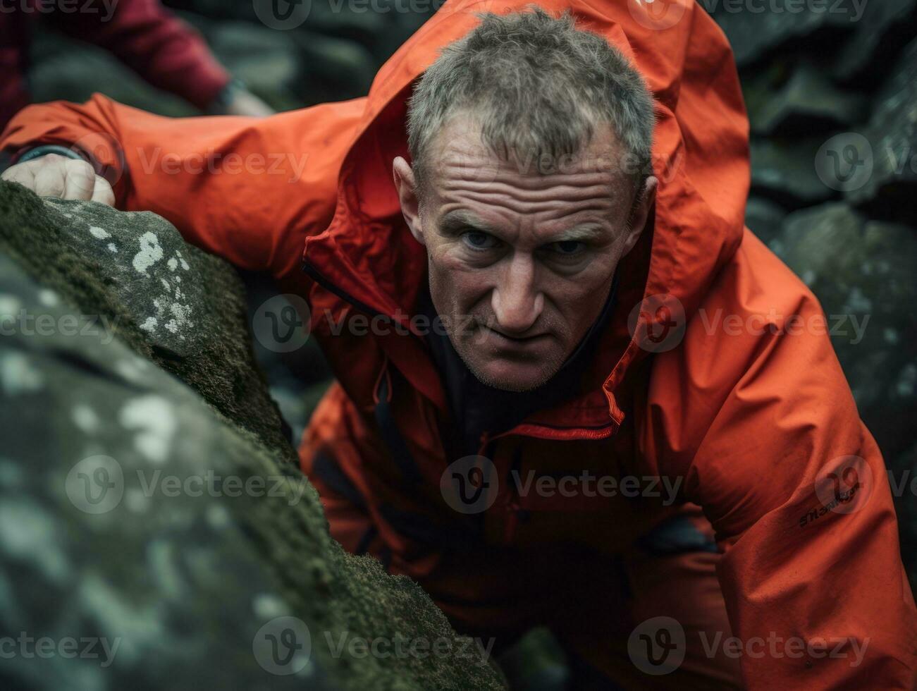 Determined man climbs a steep mountain trail AI Generative photo