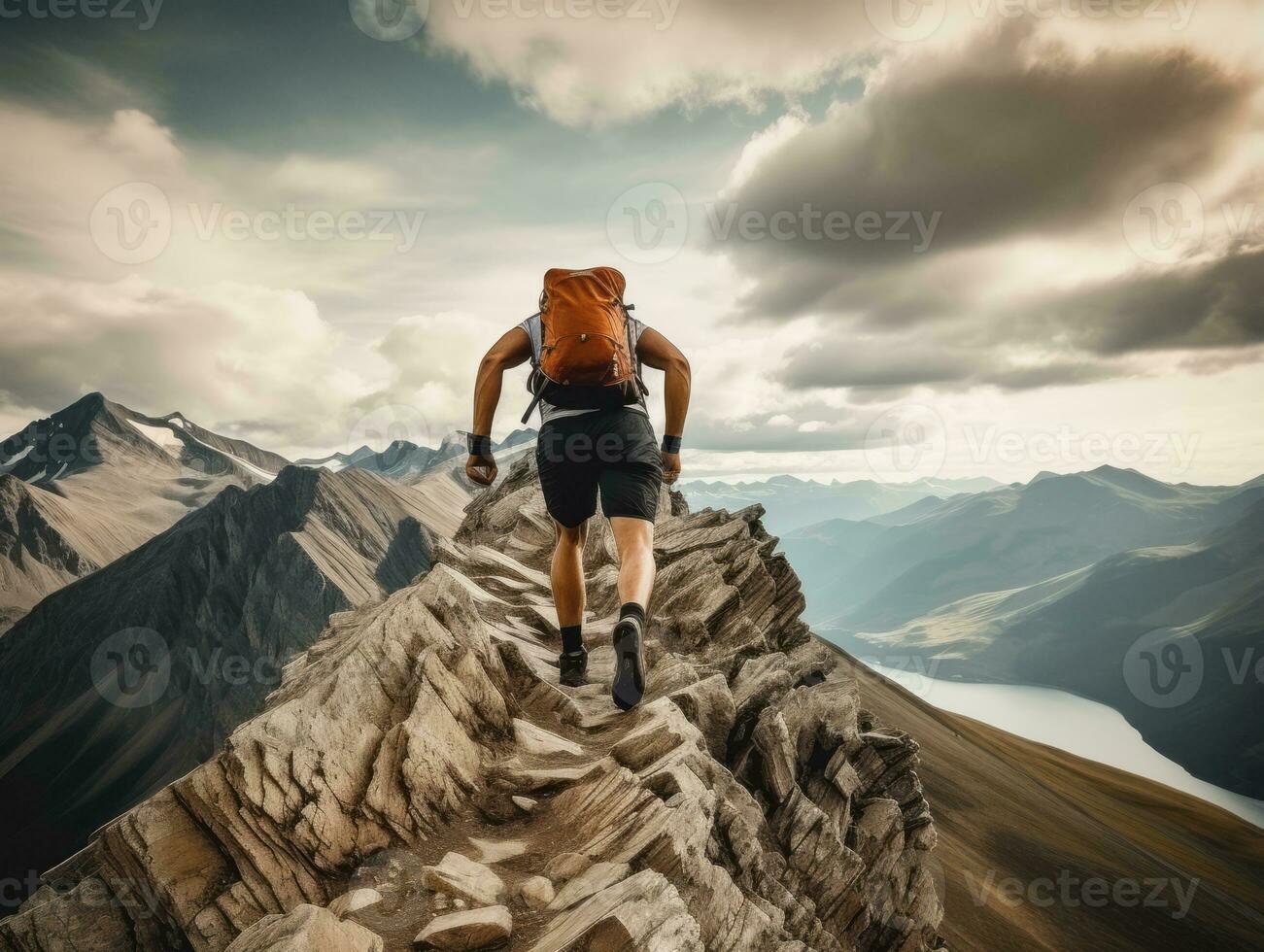 Determined man climbs a steep mountain trail AI Generative photo