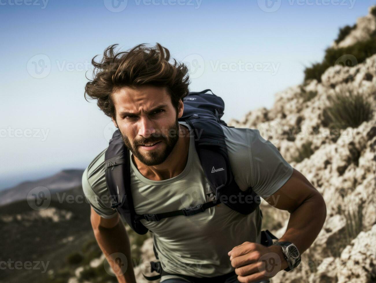 Determined man climbs a steep mountain trail AI Generative photo