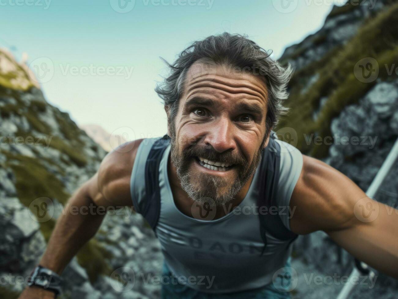 Determined man climbs a steep mountain trail AI Generative photo