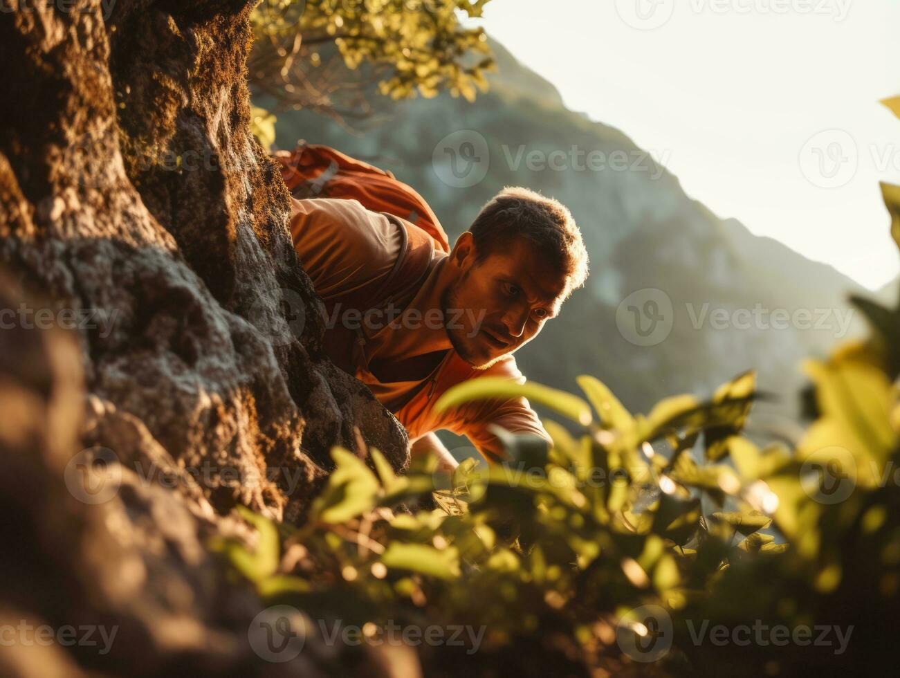 Determined man climbs a steep mountain trail AI Generative photo