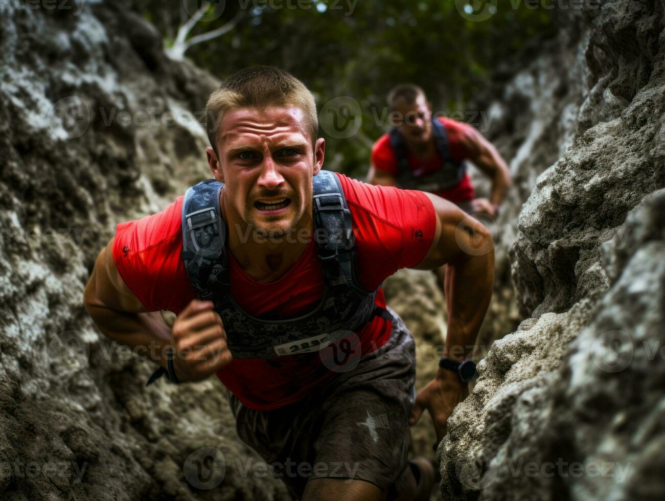 Determined man climbs a steep mountain trail AI Generative photo