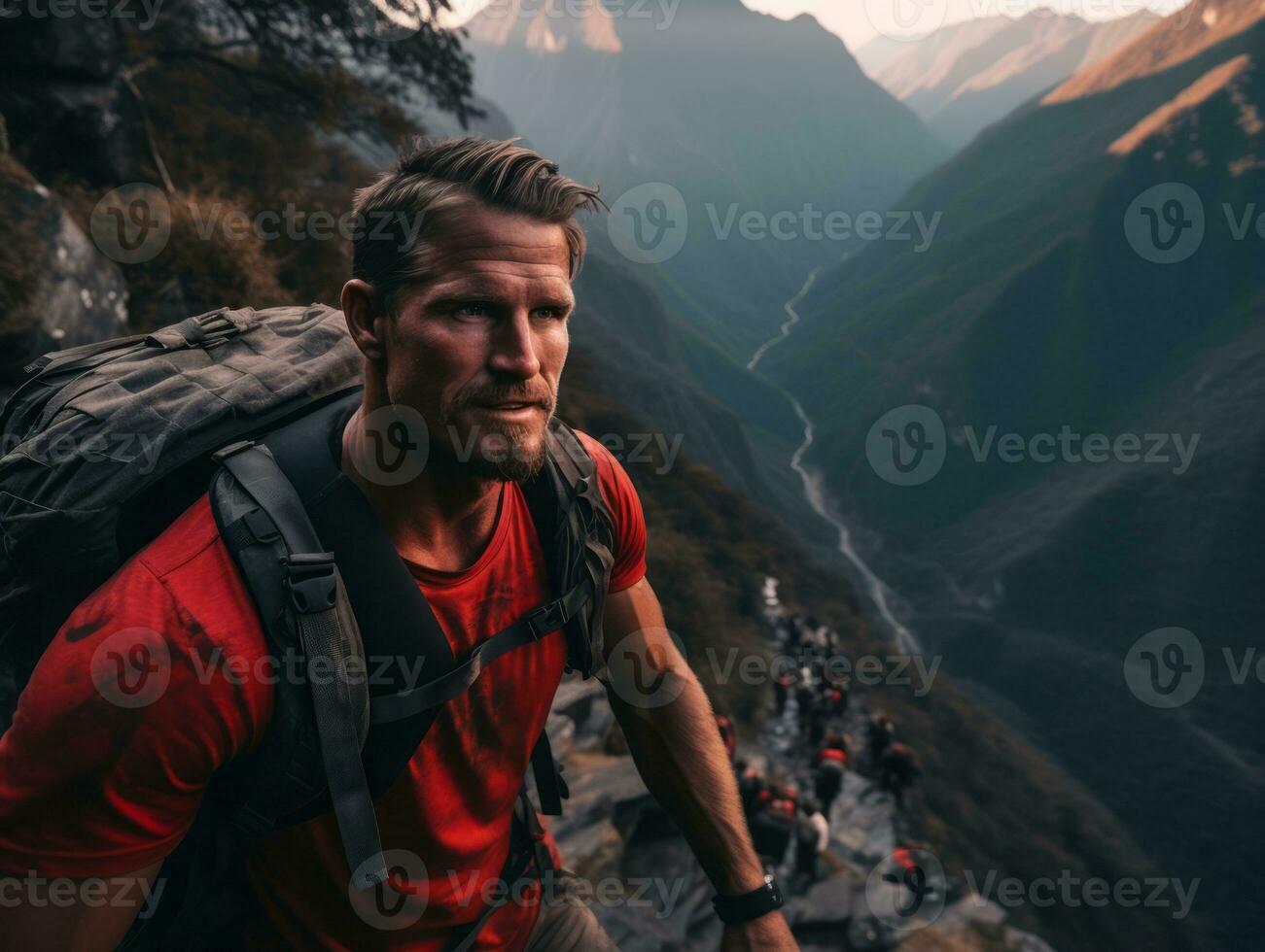 Determined man climbs a steep mountain trail AI Generative photo