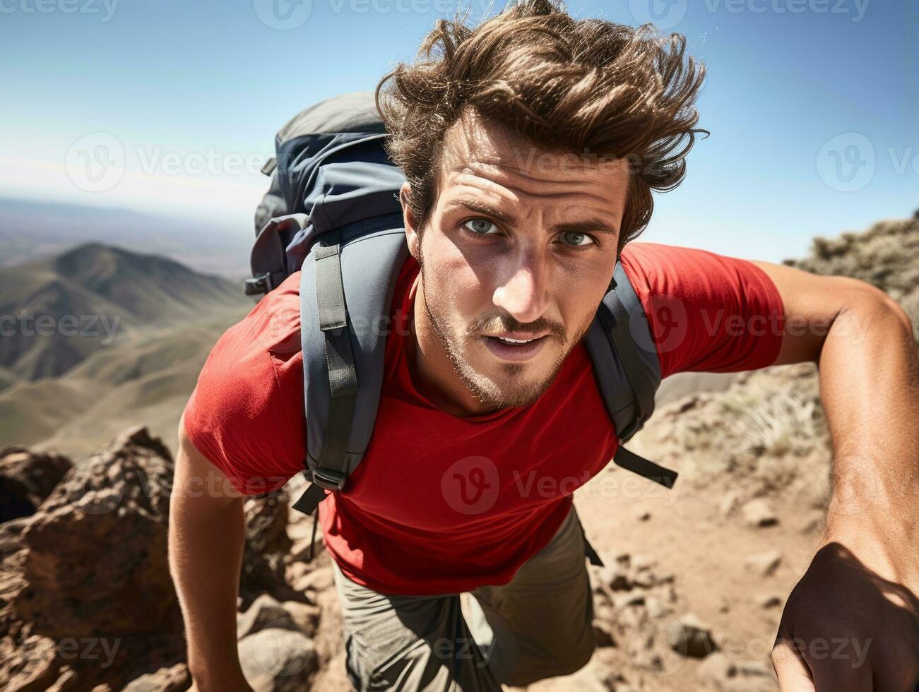 Determined man climbs a steep mountain trail AI Generative photo