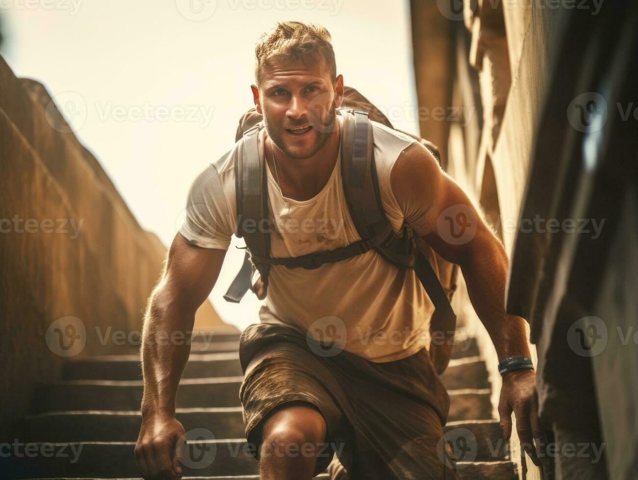 Determined man climbs a steep mountain trail AI Generative photo
