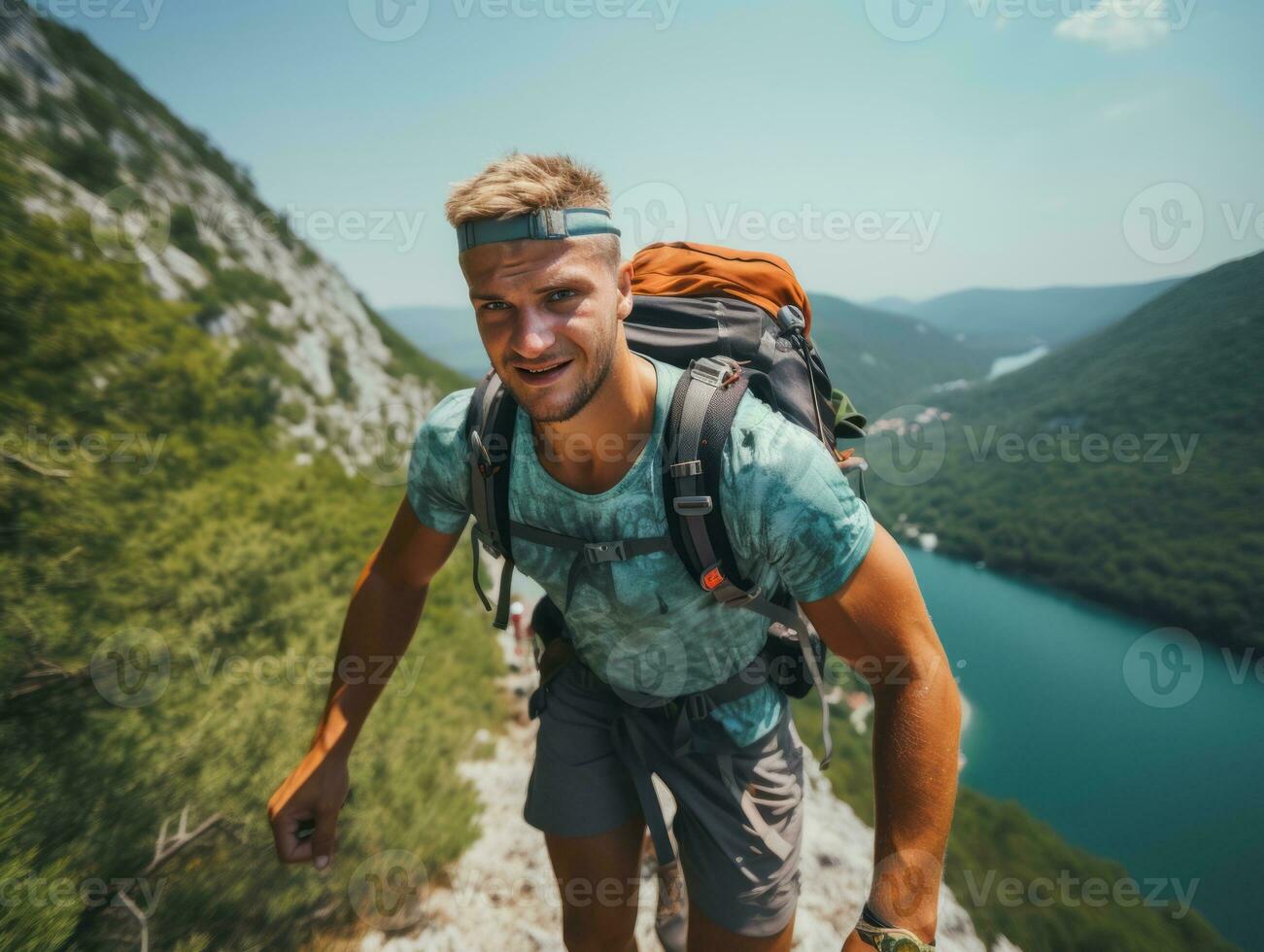 Determined man climbs a steep mountain trail AI Generative photo