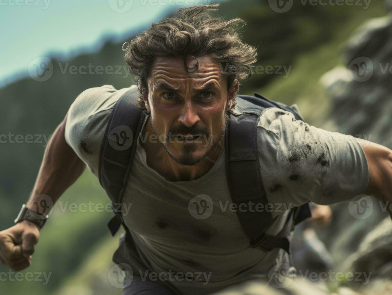 Determined man climbs a steep mountain trail AI Generative photo