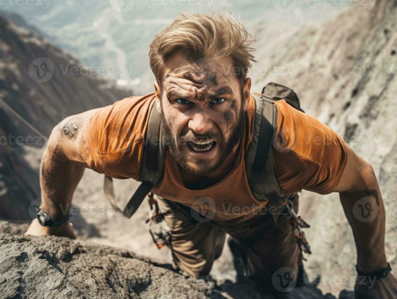 Determined man climbs a steep mountain trail AI Generative photo
