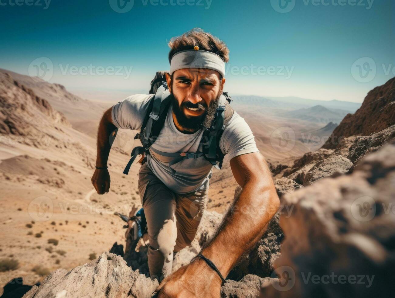 Determined man climbs a steep mountain trail AI Generative photo