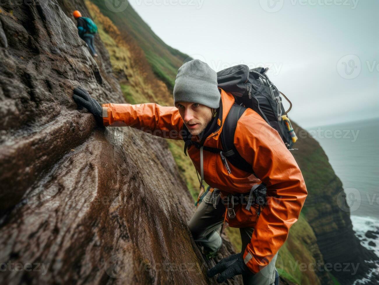 Determined man climbs a steep mountain trail AI Generative photo