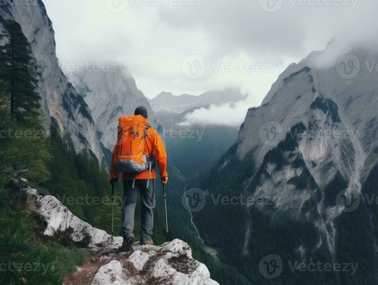 Determined man climbs a steep mountain trail AI Generative photo