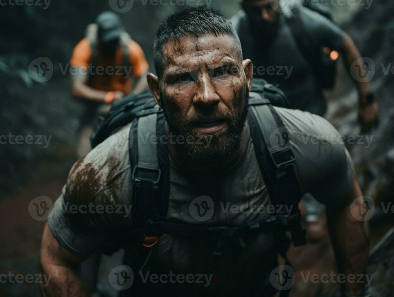 Determined man climbs a steep mountain trail AI Generative photo