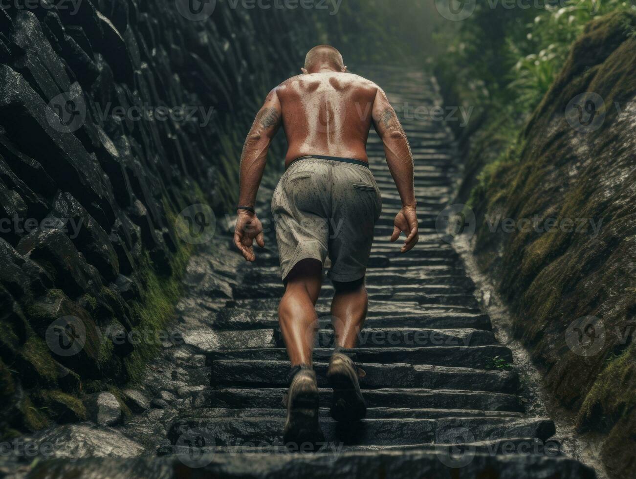 Determined man climbs a steep mountain trail AI Generative photo