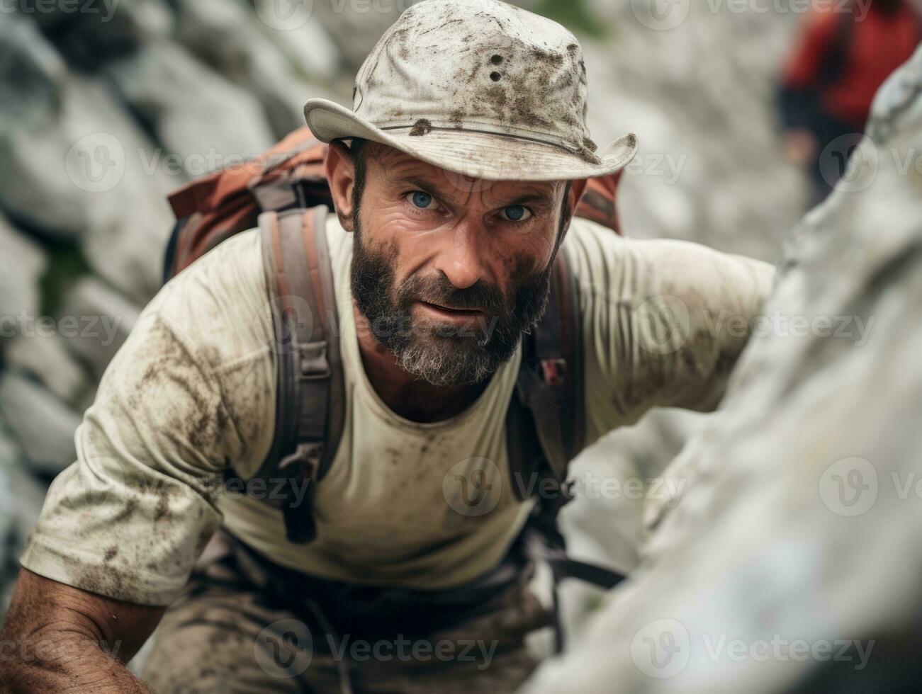 Determined man climbs a steep mountain trail AI Generative photo