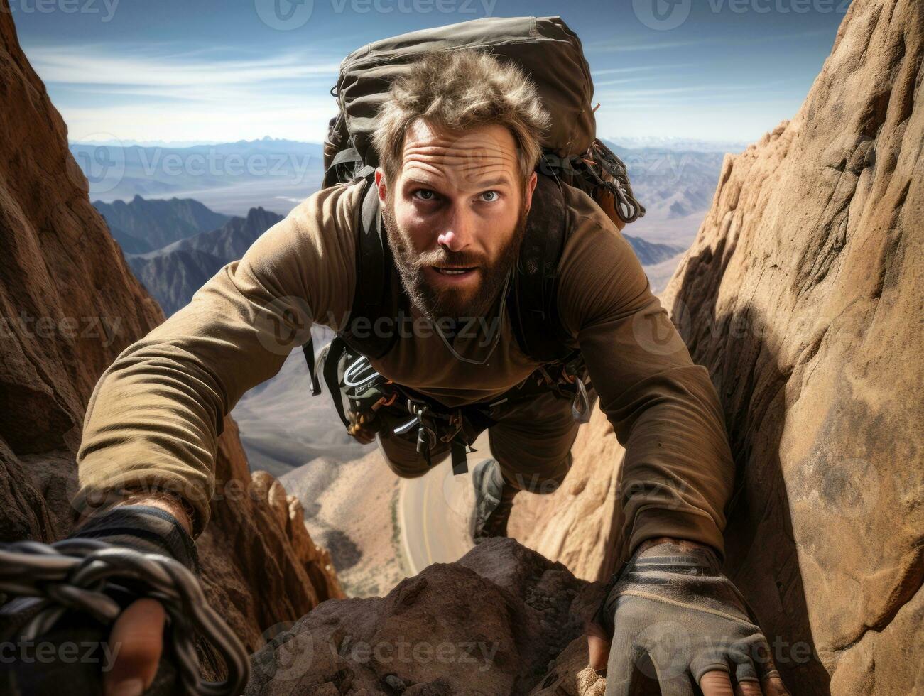 Determined man climbs a steep mountain trail AI Generative photo