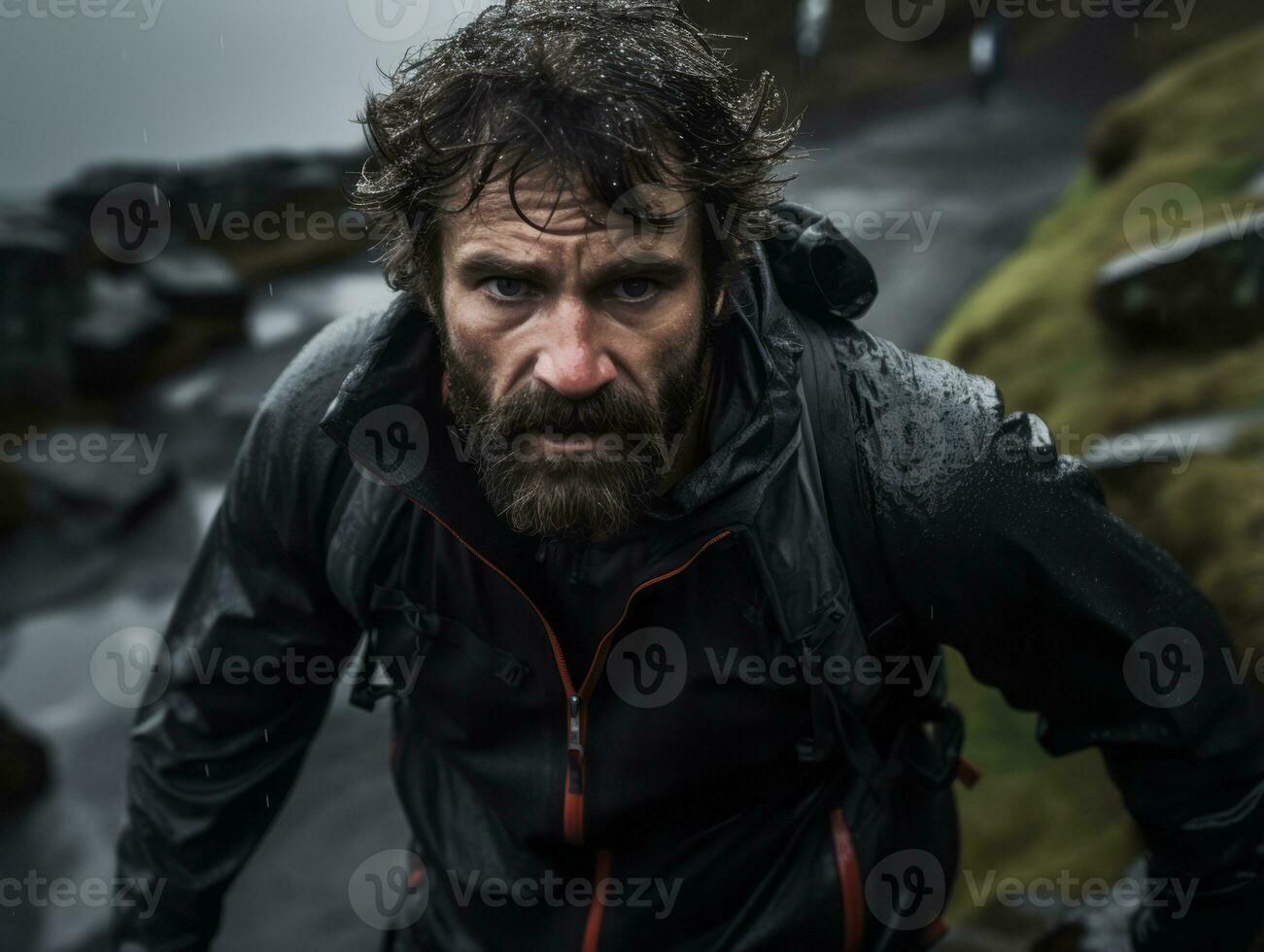 Determined man climbs a steep mountain trail AI Generative photo