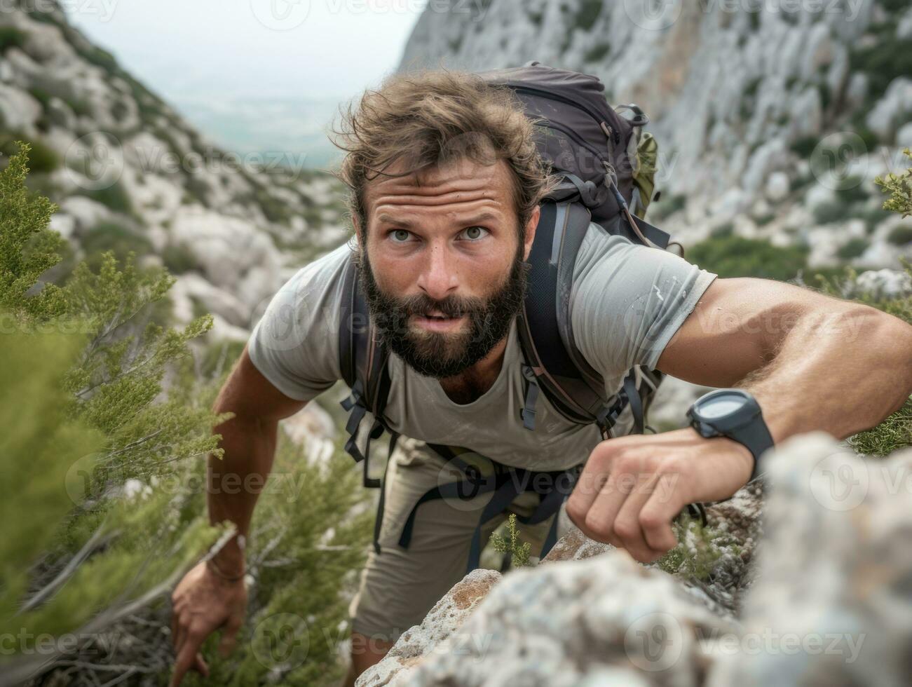 Determined man climbs a steep mountain trail AI Generative photo
