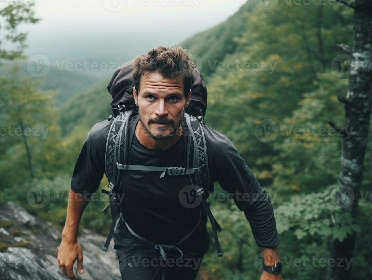 Determined man climbs a steep mountain trail AI Generative photo