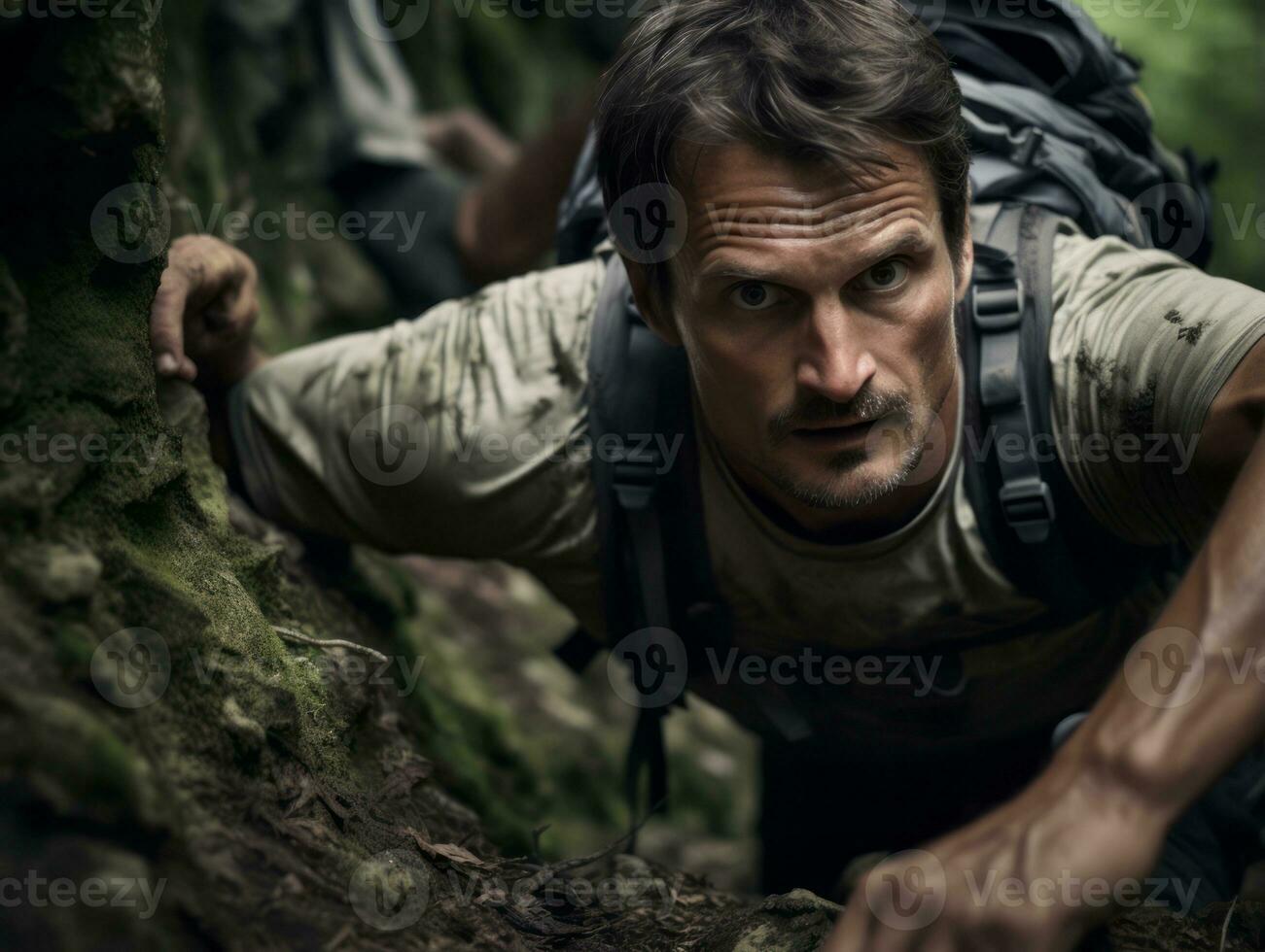 Determined man climbs a steep mountain trail AI Generative photo