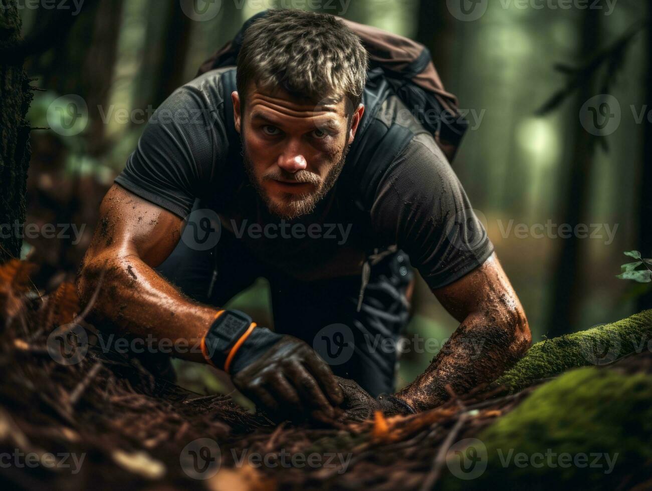 Determined man climbs a steep mountain trail AI Generative photo