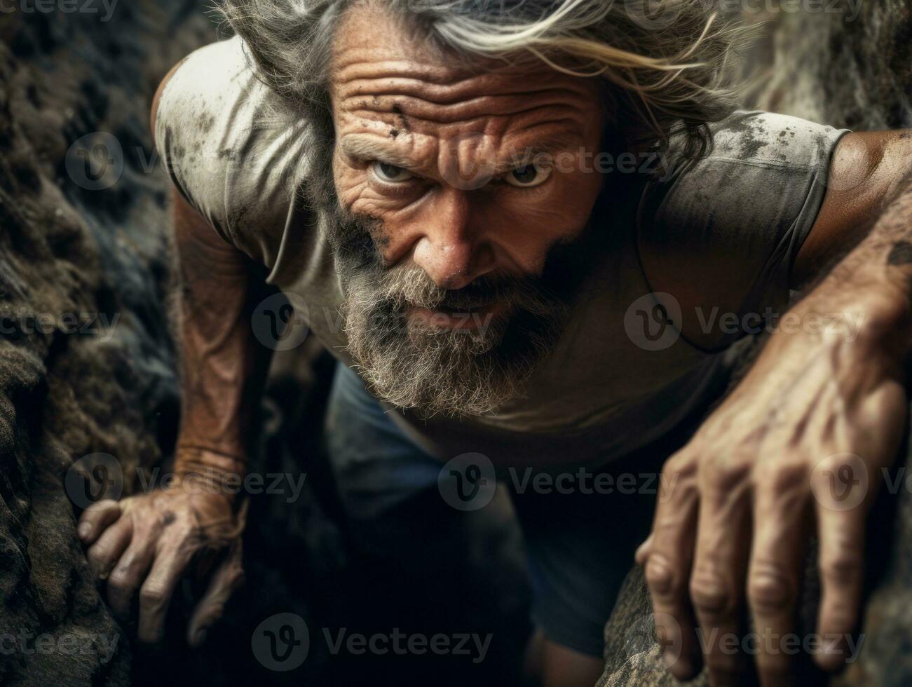 Determined man climbs a steep mountain trail AI Generative photo