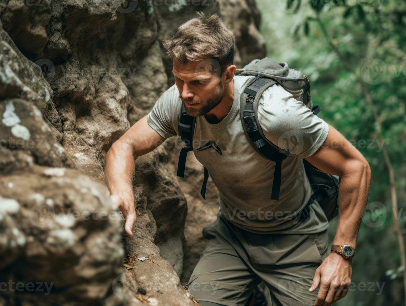 Determined man climbs a steep mountain trail AI Generative photo