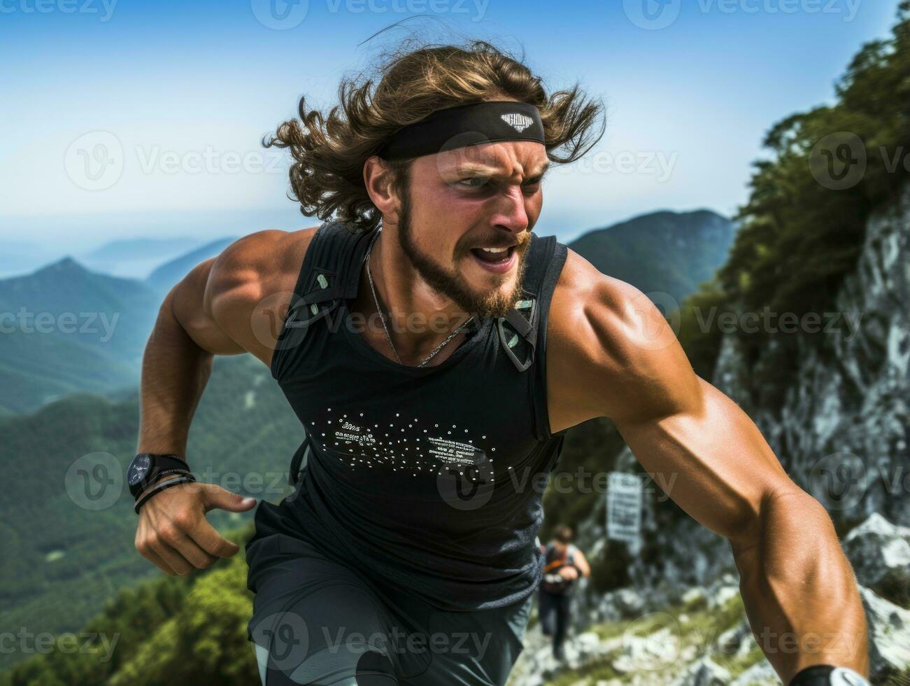 Determined man climbs a steep mountain trail AI Generative photo