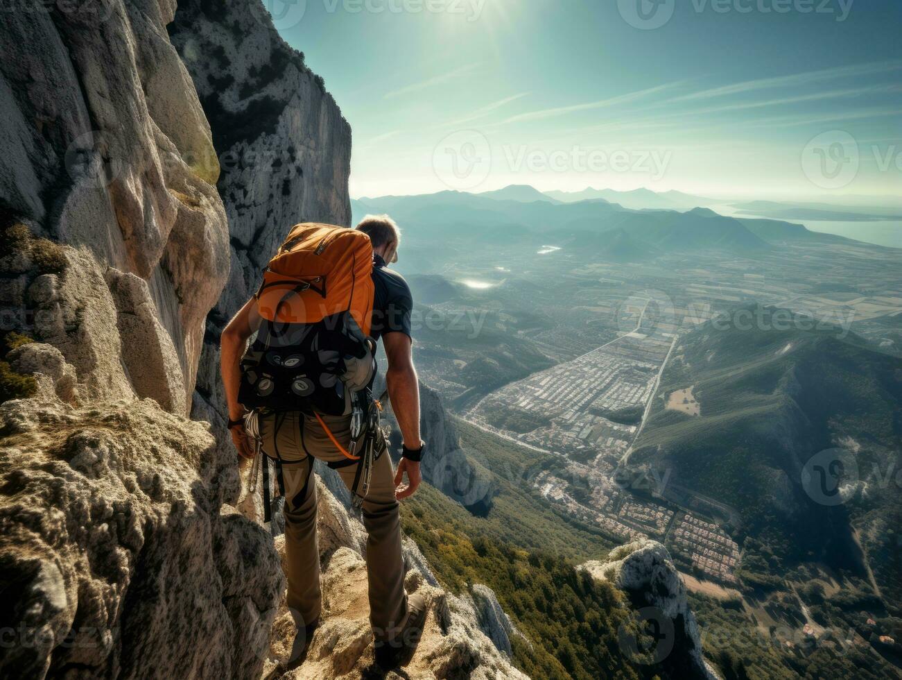 Determined man climbs a steep mountain trail AI Generative photo