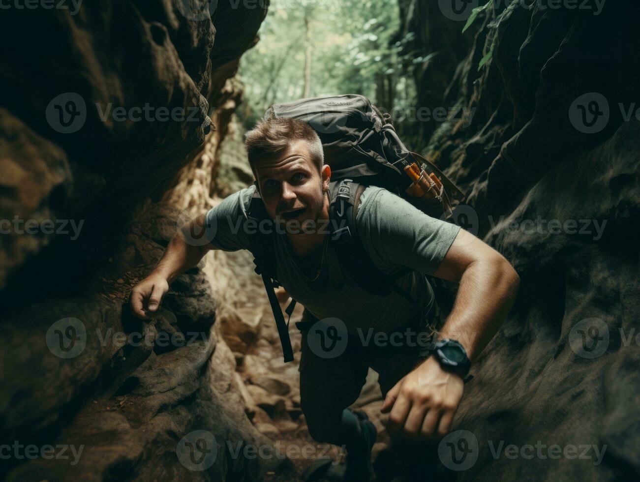 Determined man climbs a steep mountain trail AI Generative photo