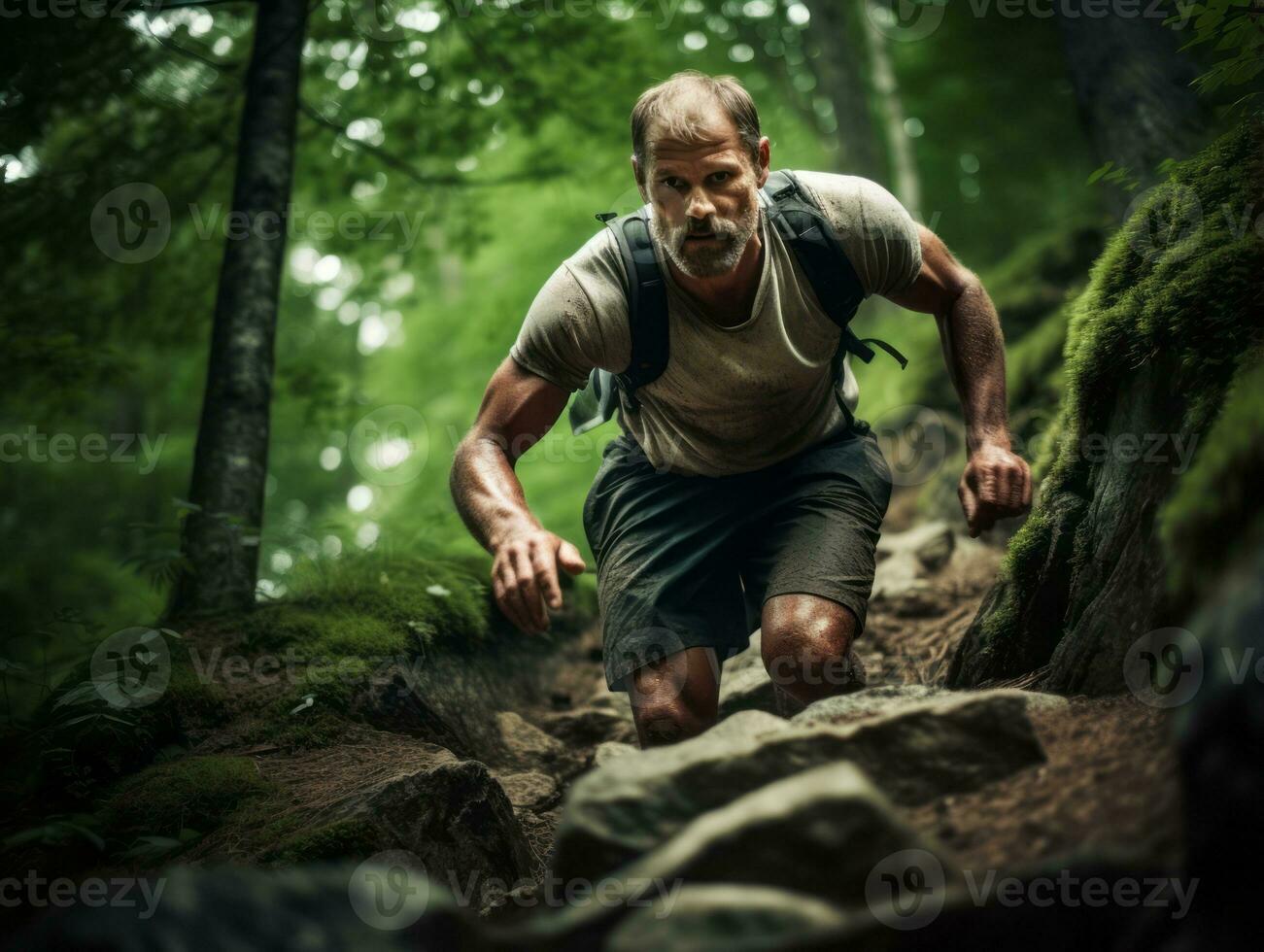Determined man climbs a steep mountain trail AI Generative photo