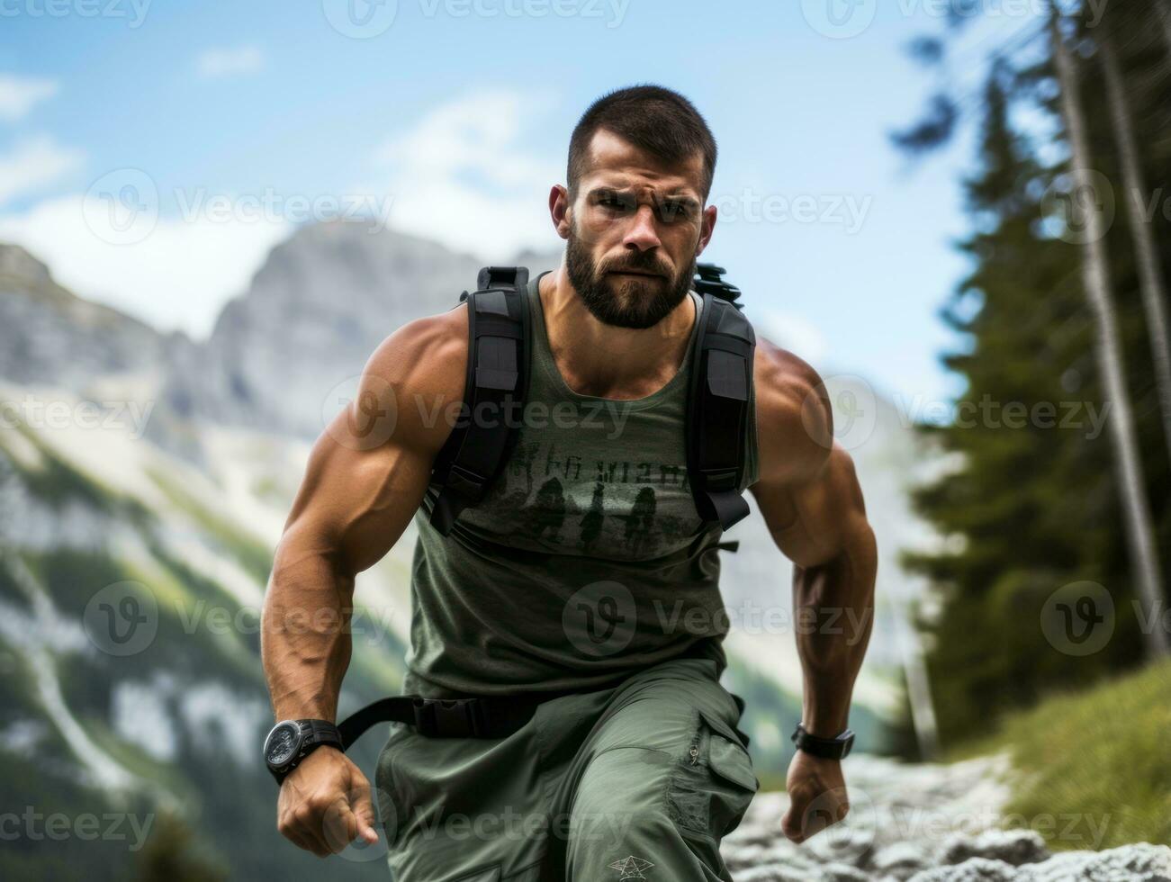 Determined man climbs a steep mountain trail AI Generative photo
