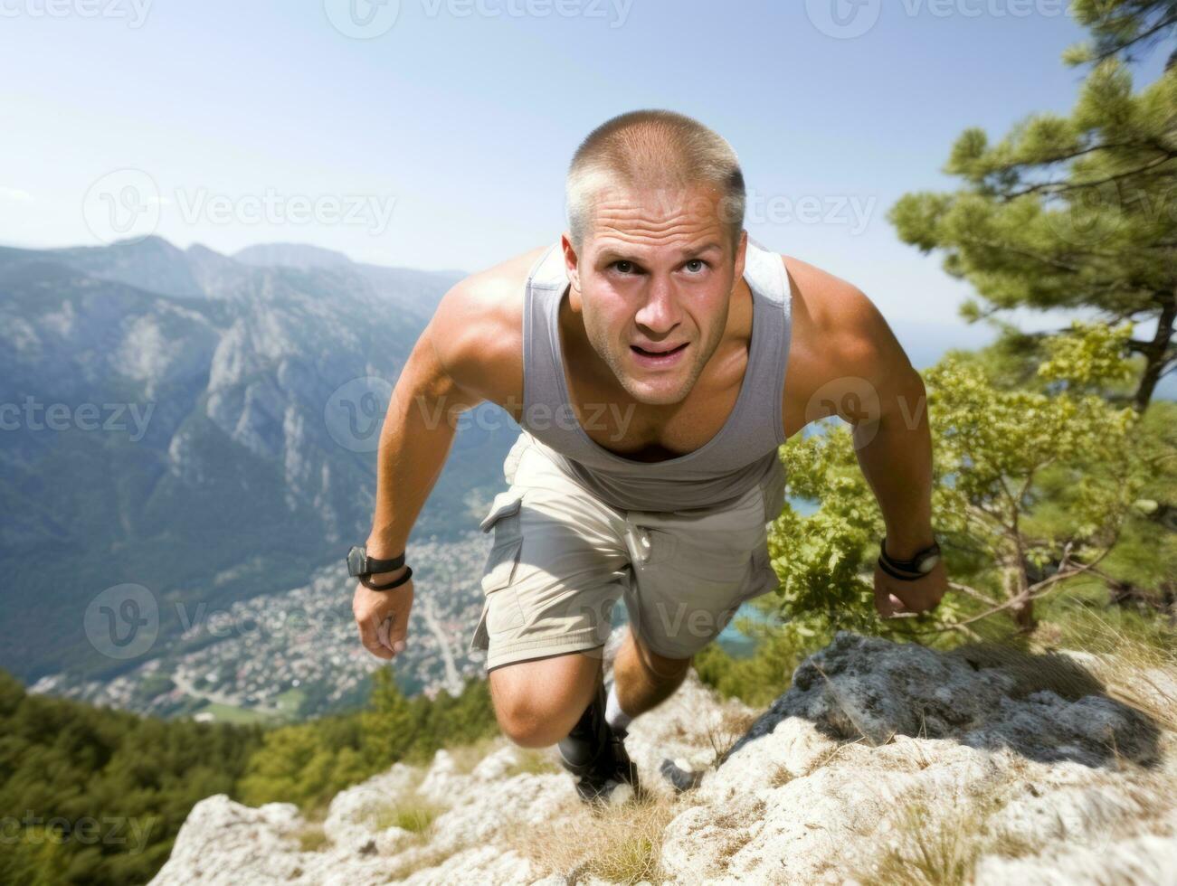 Determined man climbs a steep mountain trail AI Generative photo