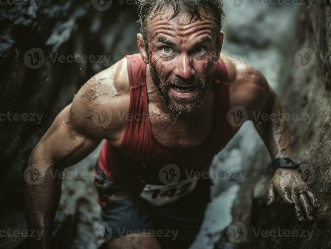 Determined man climbs a steep mountain trail AI Generative photo