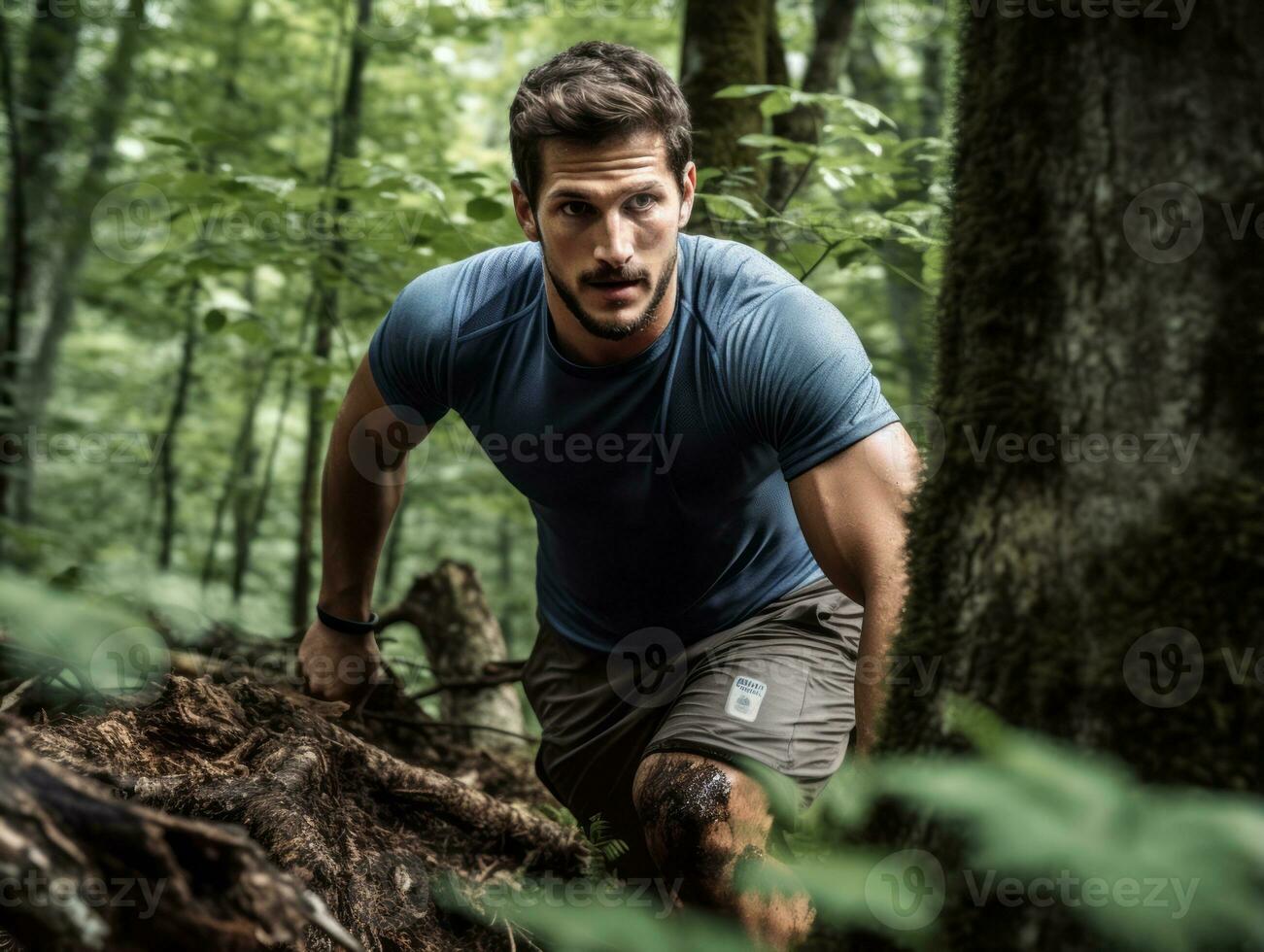 Determined man climbs a steep mountain trail AI Generative photo