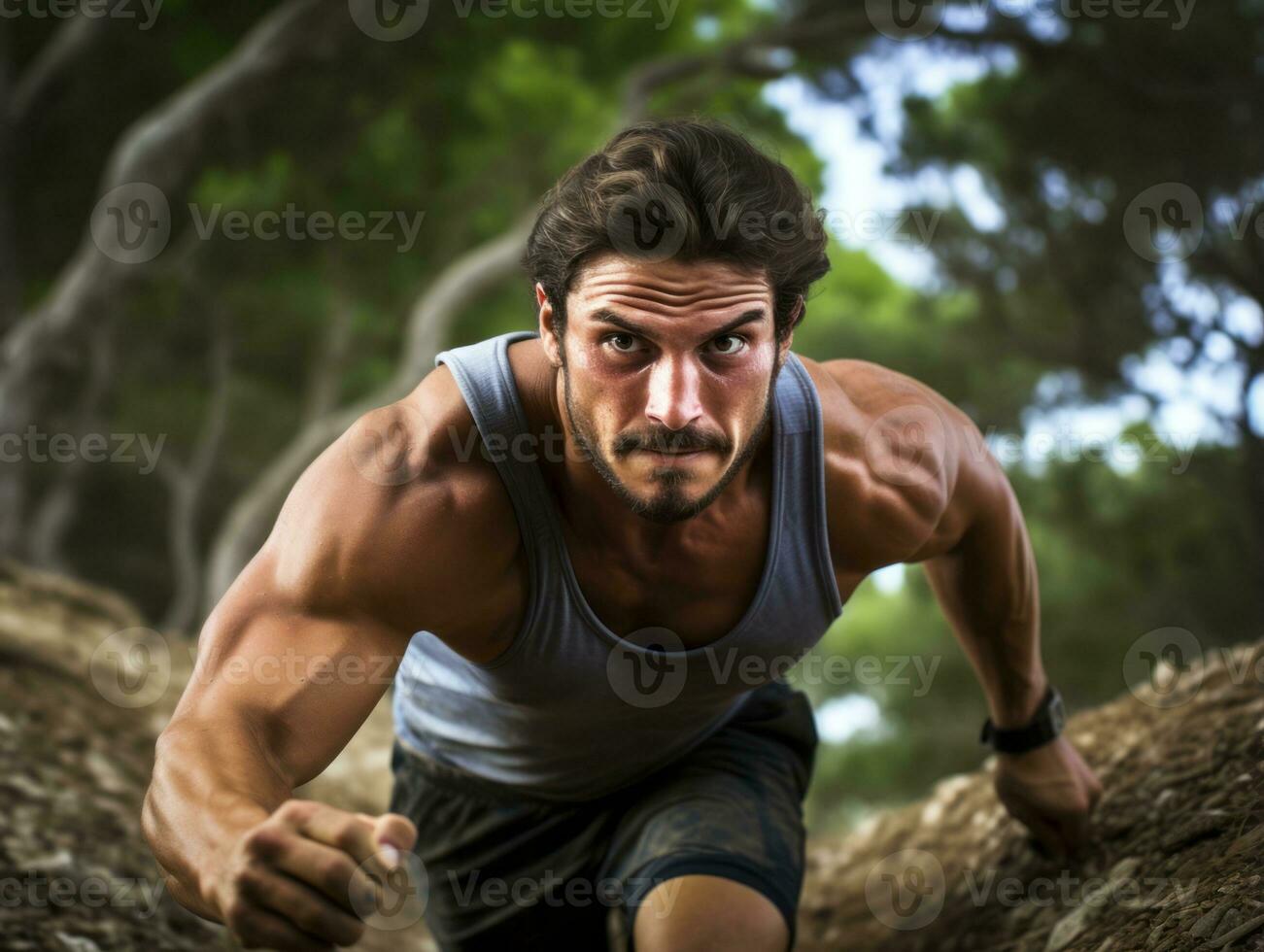 Determined man climbs a steep mountain trail AI Generative photo