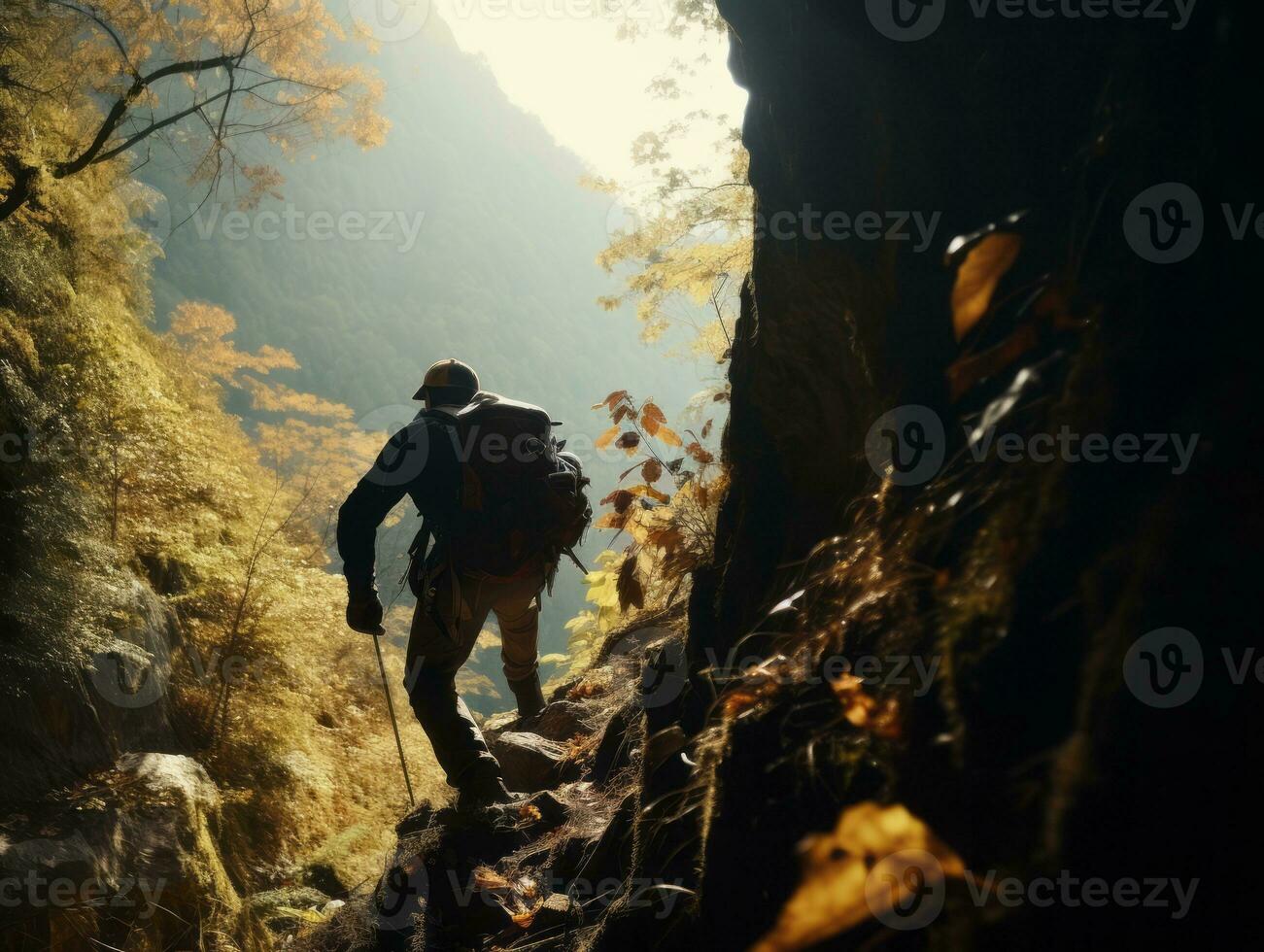 Determined man climbs a steep mountain trail AI Generative photo