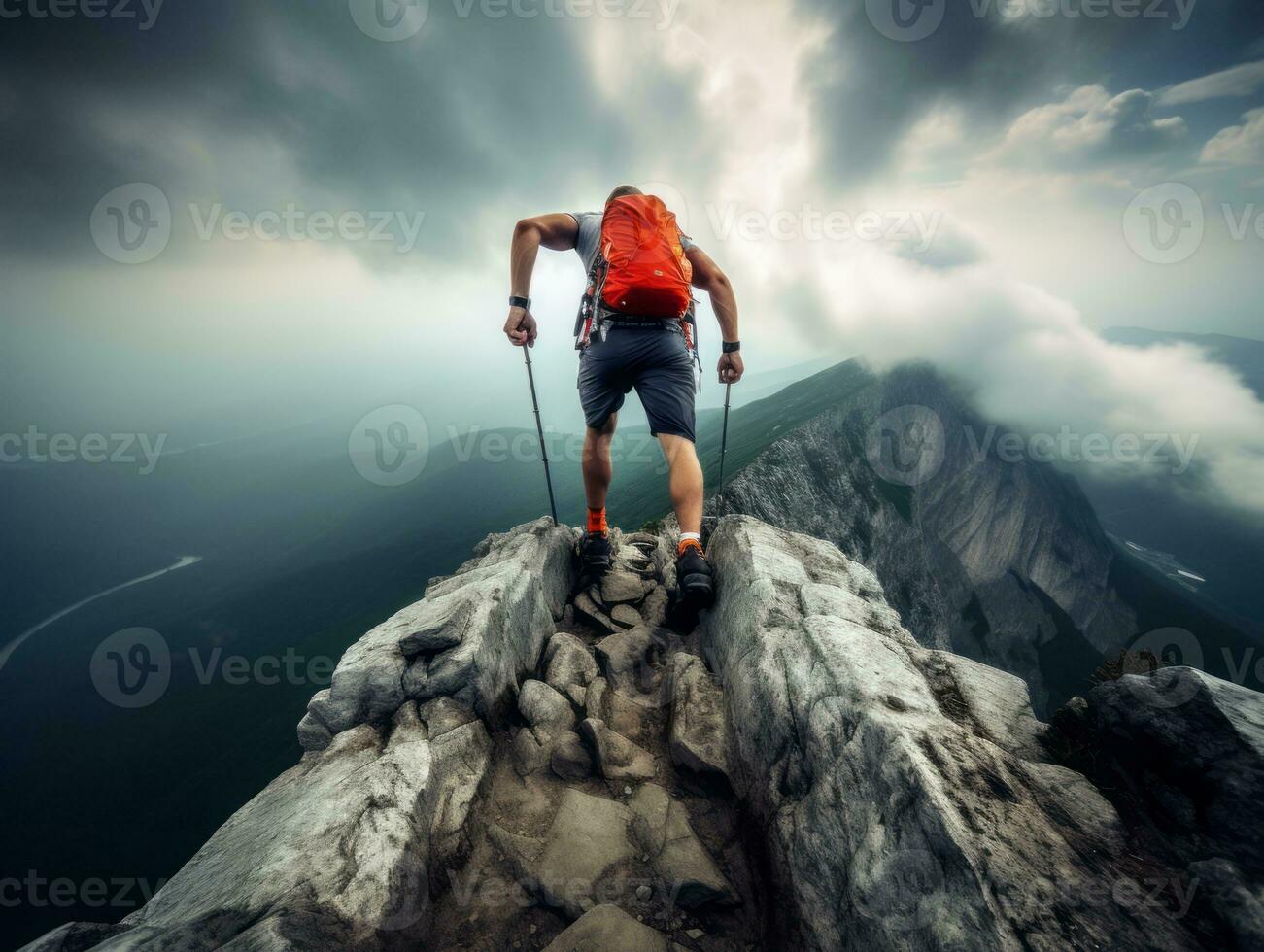 Determined man climbs a steep mountain trail AI Generative photo