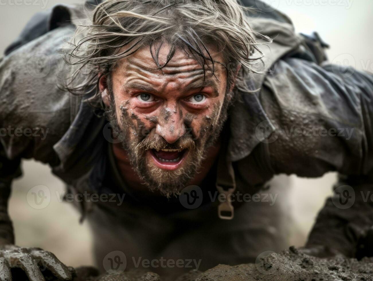 Determined man climbs a steep mountain trail AI Generative photo