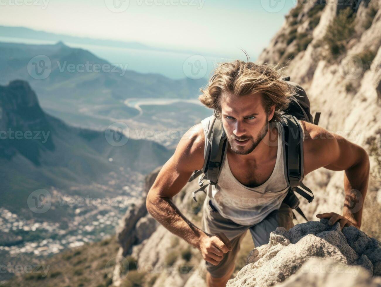 Determined man climbs a steep mountain trail AI Generative photo