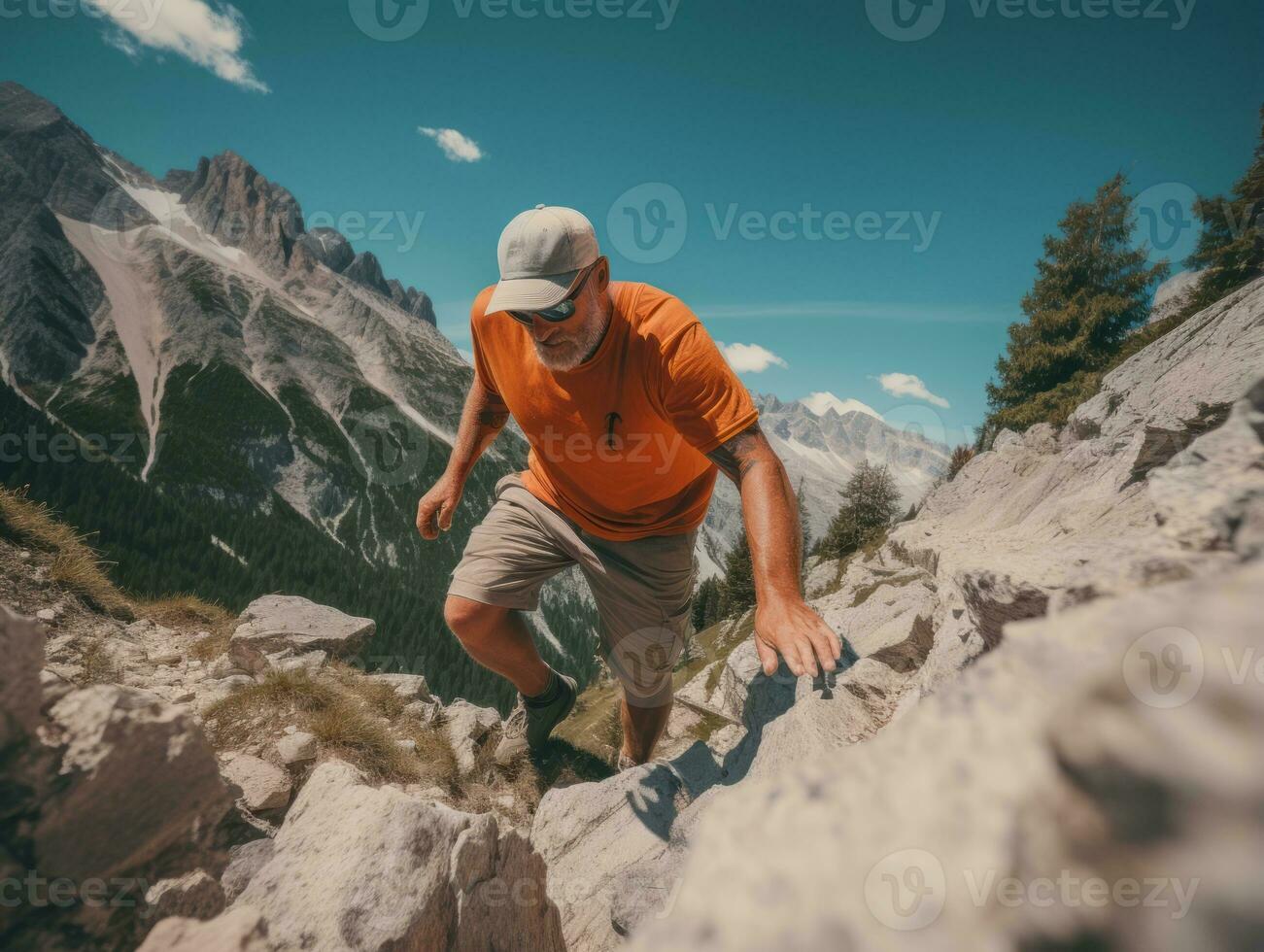 Determined man climbs a steep mountain trail AI Generative photo