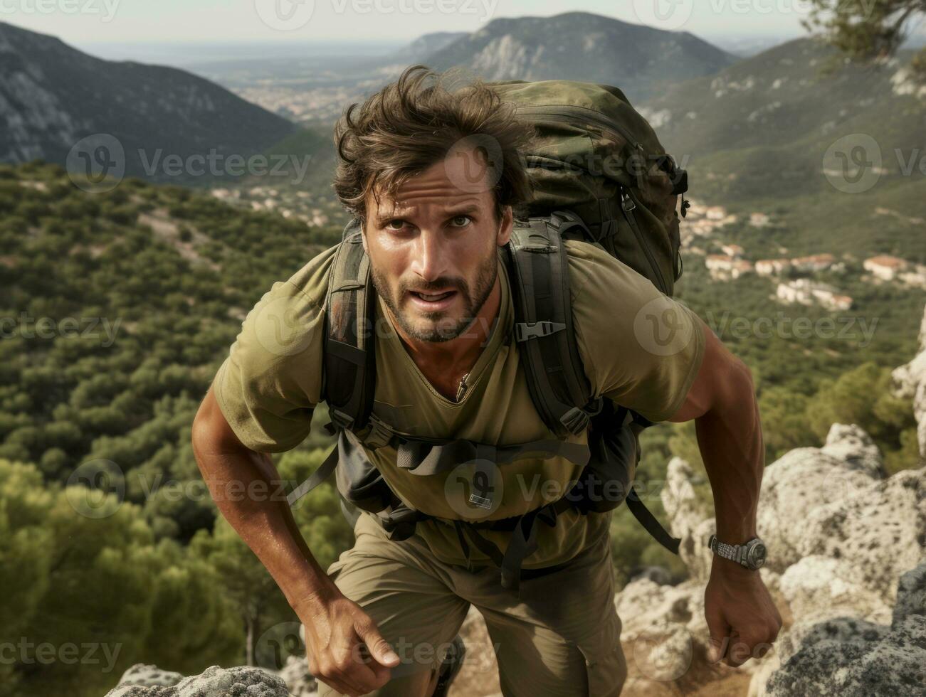 Determined man climbs a steep mountain trail AI Generative photo