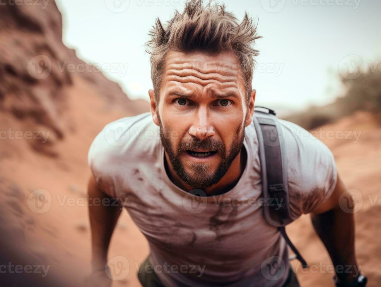 Determined man climbs a steep mountain trail AI Generative photo