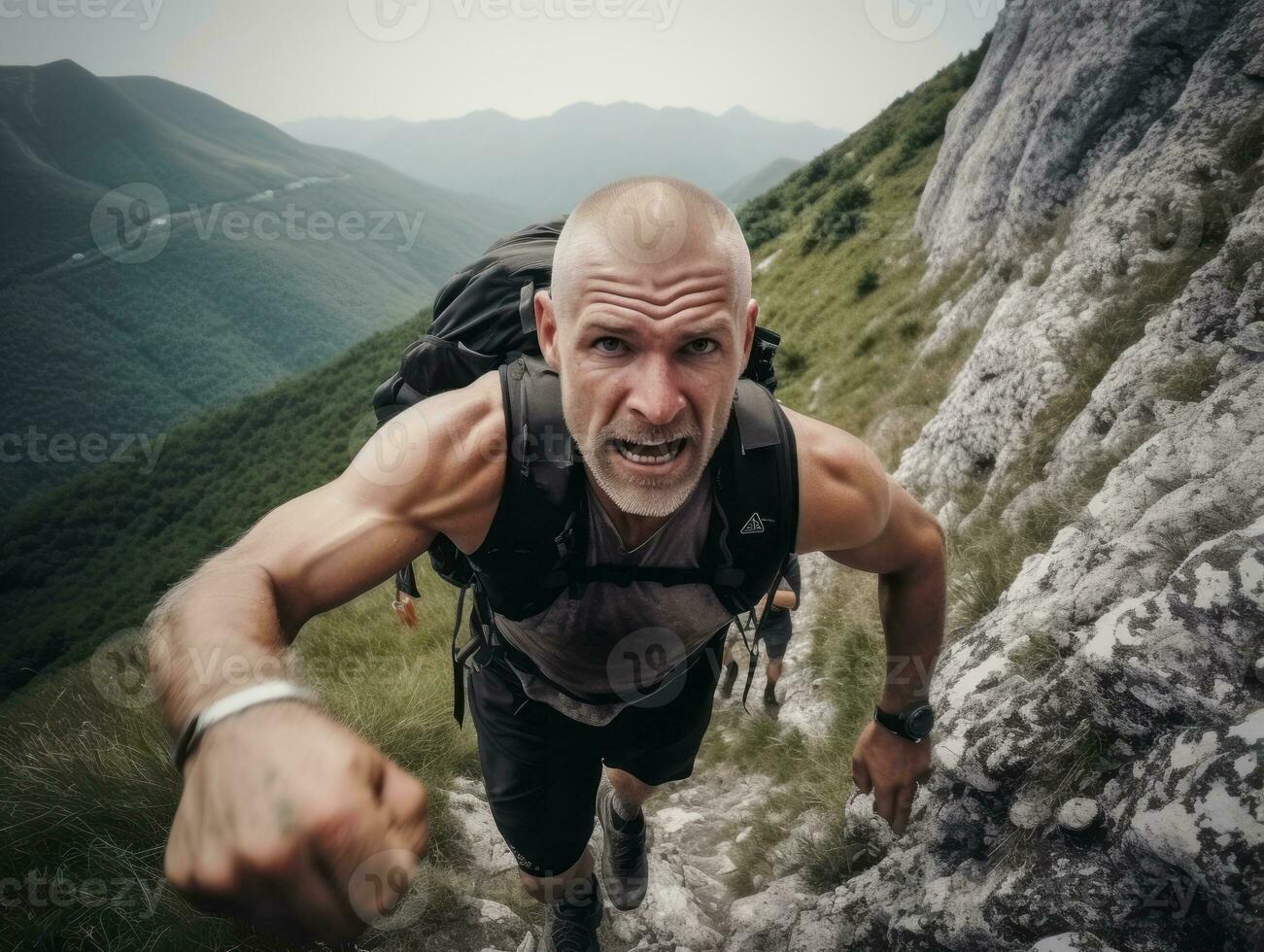 Determined man climbs a steep mountain trail AI Generative photo