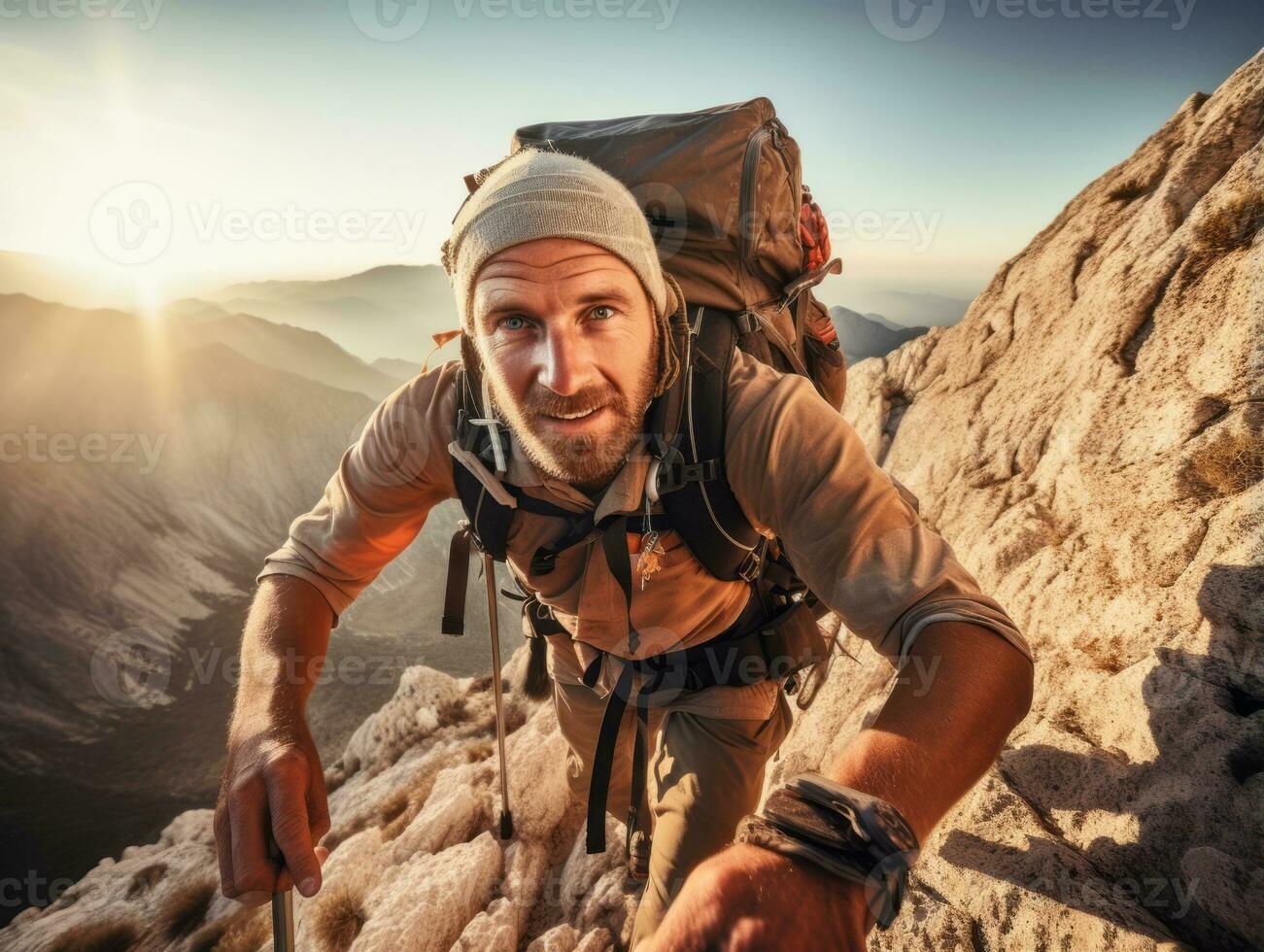 Determined man climbs a steep mountain trail AI Generative photo