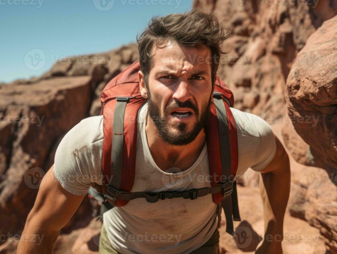 determinado hombre sube un escarpado montaña sendero ai generativo foto