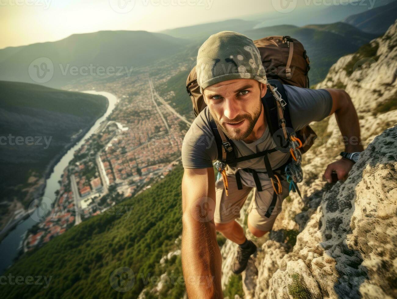 Determined man climbs a steep mountain trail AI Generative photo