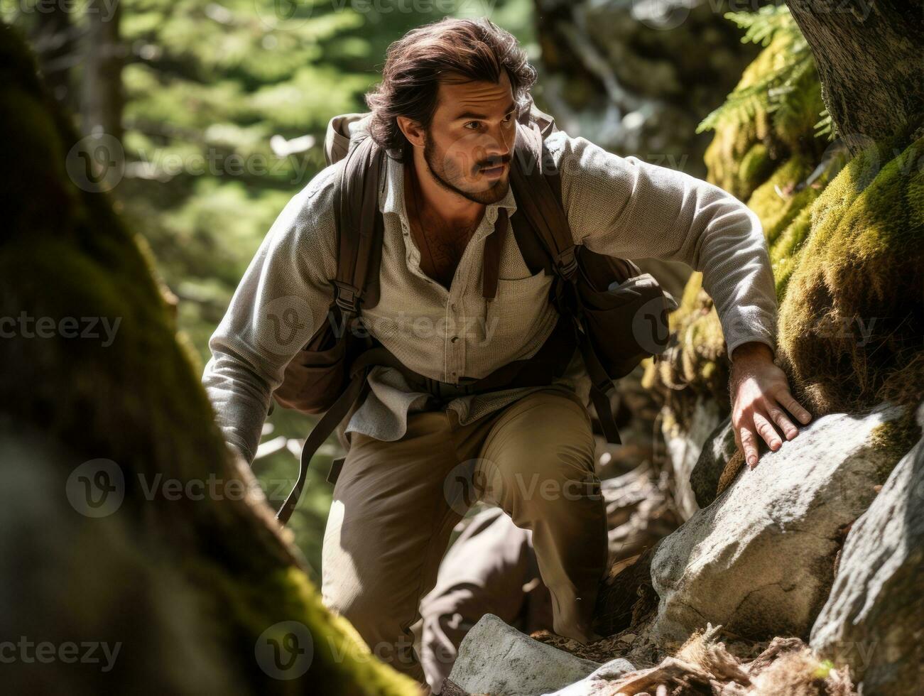 Determined man climbs a steep mountain trail AI Generative photo