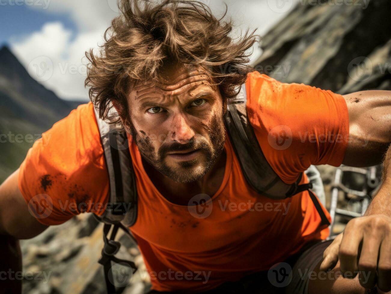 Determined man climbs a steep mountain trail AI Generative photo