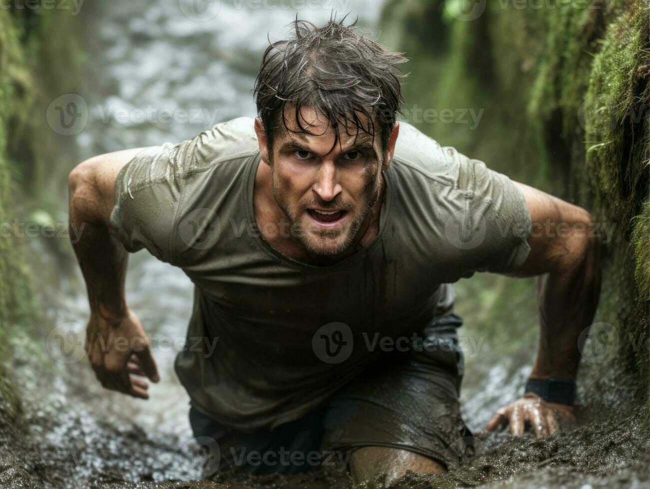 Determined man climbs a steep mountain trail AI Generative photo